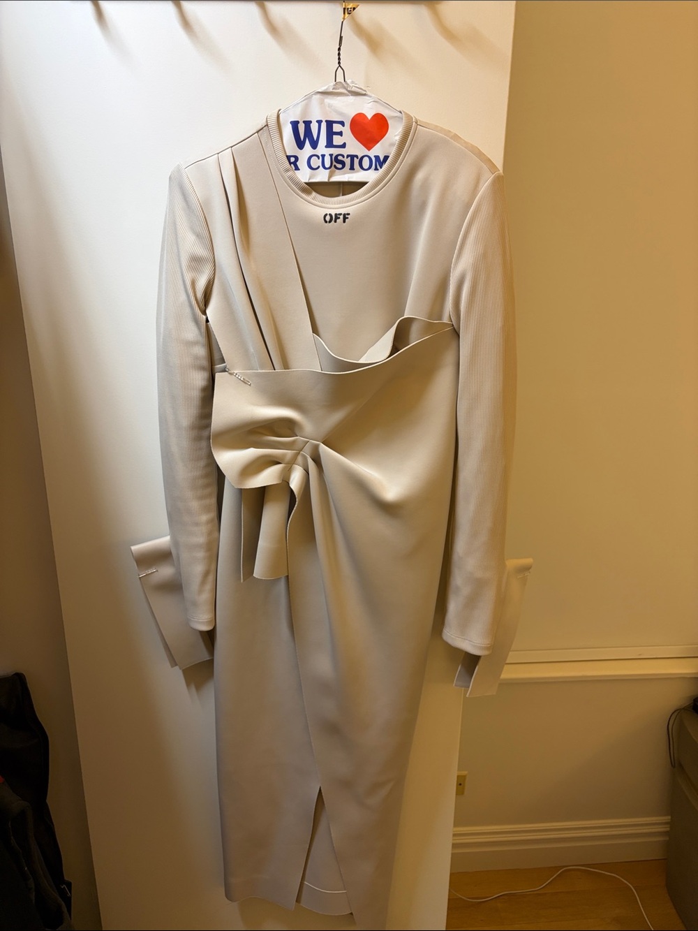 Off-White Cream Sculptural Long Sleeve Midi Dress
